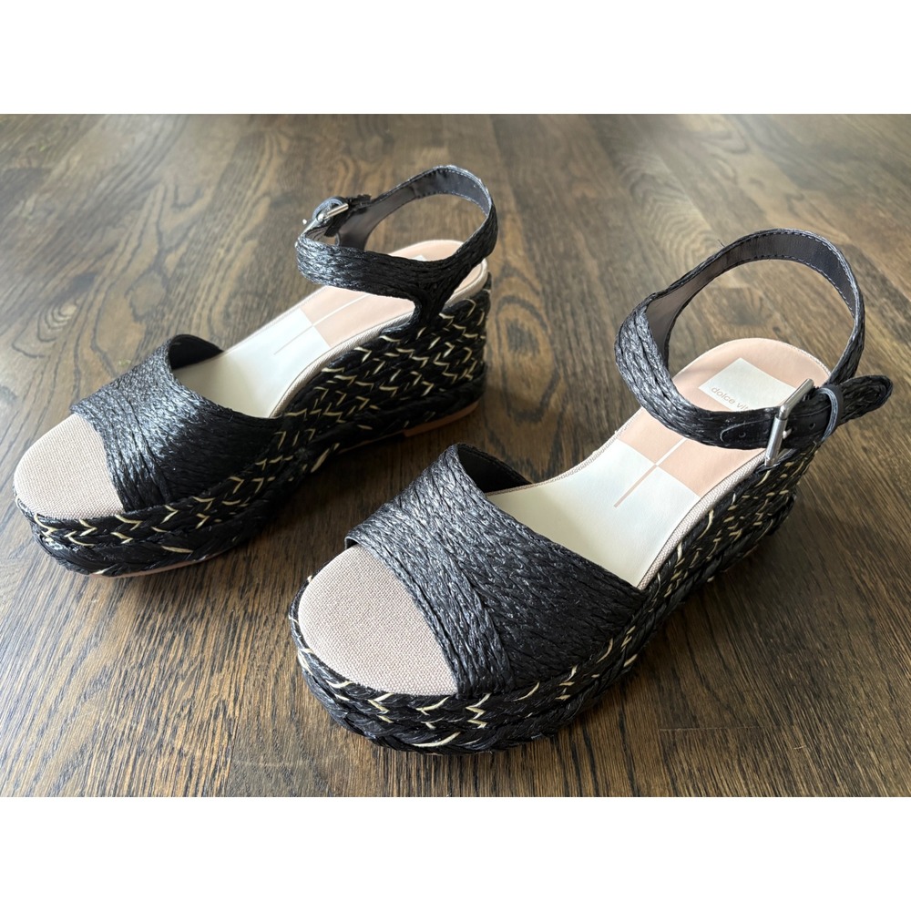 Dolce Vita Tiago Black Raffia Wedge Sandals Platform Ankle Strap Size 9